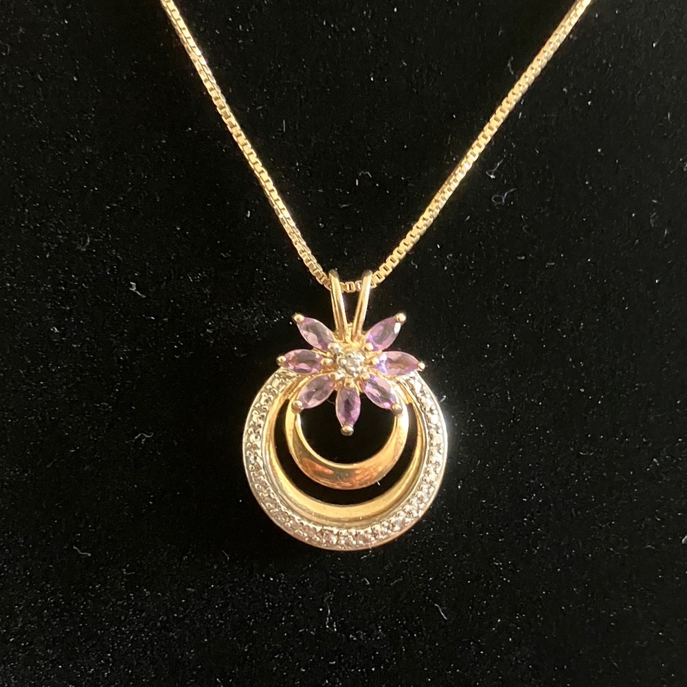 925 Stamped Gold Chain with Genuine Amethyst Flower Pendant Necklace